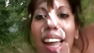Jerking horny cock showers fresh cum on her face