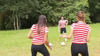 Soccer team of sexy trannies gangbang one lucky guy outdoors