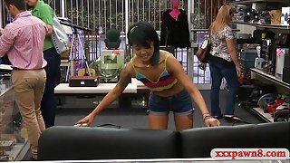 Oriental chick pawns her stuff and pounded at the pawnshop