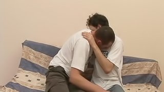 Handsome gay stud gives his boyfriend a blowjob before riding his dong