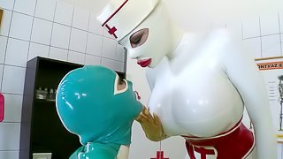 Latex nurse and her kinky lesbian patient have fun in the exam room
