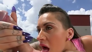 Rooftop blowjob from sexy tattooed pornstar Alby Rydes